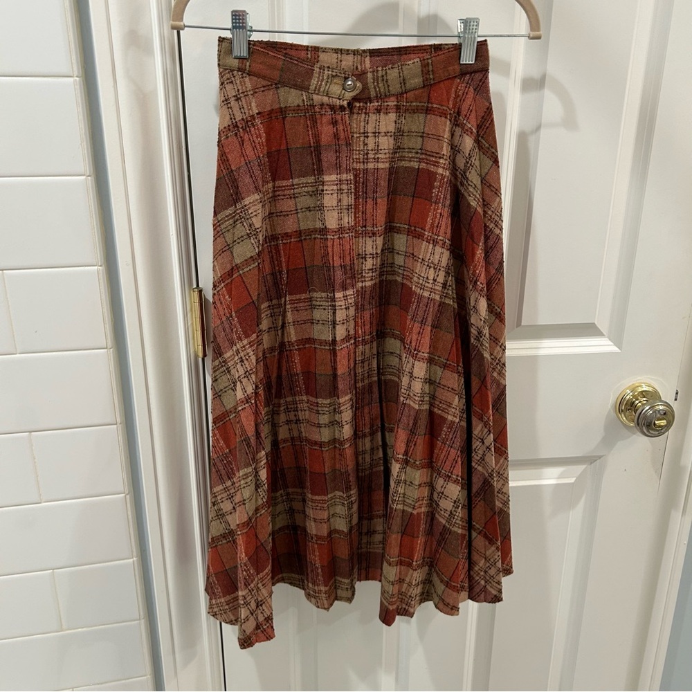 Vintage Wool Boucle Plaid Pleated A-Line Skirt Brown Burnt Orange XS - Picture 8 of 11